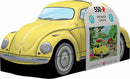 VW Beetle Camping tin jigsaw puzzle by Eurographics featuring a vibrant yellow Volkswagen Beetle with a picturesque camping scene. The puzzle includes 550 pieces and displays the timeless charm of the classic car set against a serene nature backdrop.