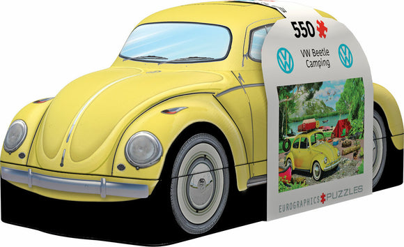 VW Beetle Camping tin jigsaw puzzle by Eurographics featuring a vibrant yellow Volkswagen Beetle with a picturesque camping scene. The puzzle includes 550 pieces and displays the timeless charm of the classic car set against a serene nature backdrop.