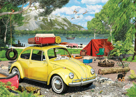 A colorful jigsaw puzzle featuring a charming yellow VW Beetle parked by a scenic lake surrounded by a camping setup. The image depicts camping gear, a red tent, and wildlife, including a cat lounging on the car. It captures a vibrant outdoor scene perfect for nature lovers.