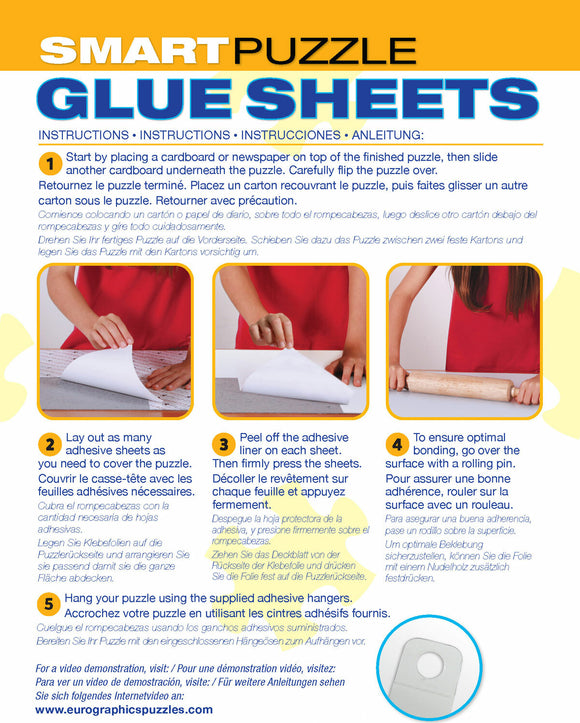 Individual Smart Puzzle Glue S by Eurographics. Instructions for use include layering adhesive sheets on a finished jigsaw puzzle, peeling the adhesive liner, and applying adhesive hangers for display. Ideal for preserving jigsaw puzzles and showcasing completed artwork.