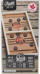 The Rustik Fast Sling Puck game, featuring a wooden board with a divided center and black pucks. Perfect for two players, it encourages action and dexterity, designed for ages 4 and up. The packaging highlights its handmade quality from Canada.