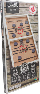 Rustik Fast Sling Puck game by Family Games Inc. A wooden, two-player action game featuring a rustic design and kids' gameplay. Perfect for family fun, suitable for ages 4 and up.