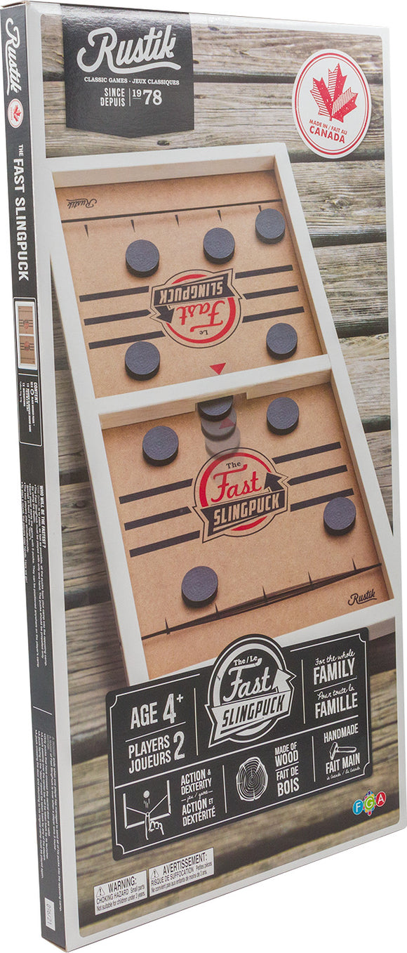 Rustik Fast Sling Puck game by Family Games Inc. A wooden, two-player action game featuring a rustic design and kids' gameplay. Perfect for family fun, suitable for ages 4 and up.