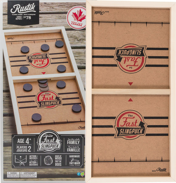 The Rustik Fast Sling Puck game by Family Games Inc features a wooden design with two compartments. The top section shows the game setup with black pucks on a brown background, labeled 'Fast SlingPuck'. The game is suitable for 2 players aged 4 and up and encourages action and dexterity. Handmade in Canada, it emphasizes family gameplay.