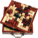 A beautifully crafted wooden game set featuring a variety of interlocking pieces in different shapes, sizes, and colors, displayed in an elegant box with a brass clasp. The layout showcases the intricate design of the pieces, highlighting a mix of light and dark woods, ideal for strategic gameplay.
