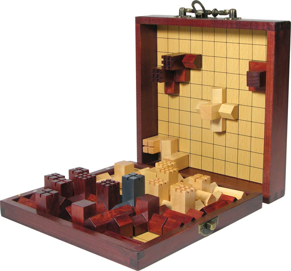 The Cathedral game by Family Games Inc. features a beautifully crafted wooden board with a grid layout. Pieces in various shapes and colors are arranged in an intricate design, showcasing a mix of reddish and light-colored wood. This strategic game encourages spatial reasoning and problem-solving skills.