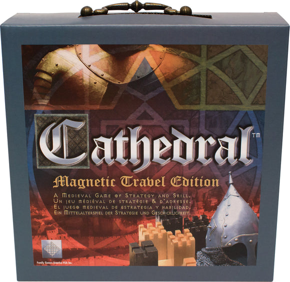 Cathedral: Travel Edition board game by Family Games Inc. The game box features a striking medieval design with the title 'Cathedral' prominently displayed. It includes images of castles and a knight's helmet, emphasizing its strategic gameplay. Ideal for on-the-go fun, this travel edition is compact and designed for strategic thinkers.