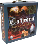 Cathedral: Magnetic Travel Edition game box featuring artwork of a medieval knight and various buildings, designed for strategy and skill. The box showcases the title prominently with details about the game's multi-language instructions.