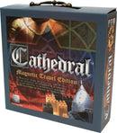 The Cathedral: Travel Edition game box displayed at an angle, featuring a colorful design with medieval elements. The title 'Cathedral' is prominently featured at the top in bold letters, with a subtitle 'Magnetic Travel Edition' underneath. The box includes graphics of castles and knights, indicating a strategic gameplay experience. It highlights that it's a game of strategy and skill, suitable for travel.