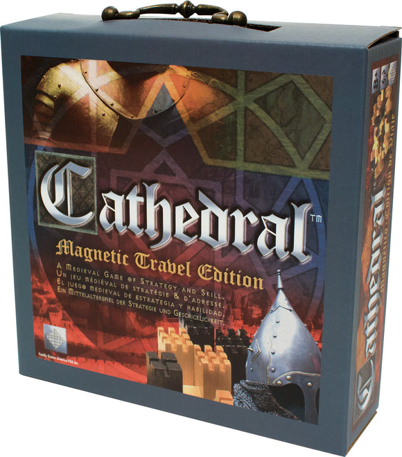 The Cathedral: Travel Edition game box displayed at an angle, featuring a colorful design with medieval elements. The title 'Cathedral' is prominently featured at the top in bold letters, with a subtitle 'Magnetic Travel Edition' underneath. The box includes graphics of castles and knights, indicating a strategic gameplay experience. It highlights that it's a game of strategy and skill, suitable for travel.
