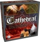 The product box for Cathedral, a strategy game by Family Games Inc. The box features medieval-themed graphics, showcasing essential game elements and imagery related to strategy, skill, and architecture. The title 'Cathedral' is prominently displayed in a stylized font, and additional text offers a brief description of the game's focus.