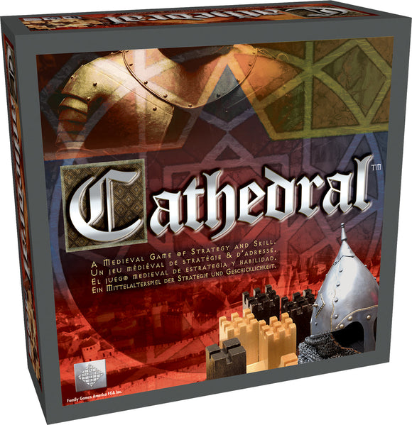The product box for Cathedral, a strategy game by Family Games Inc. The box features medieval-themed graphics, showcasing essential game elements and imagery related to strategy, skill, and architecture. The title 'Cathedral' is prominently displayed in a stylized font, and additional text offers a brief description of the game's focus.