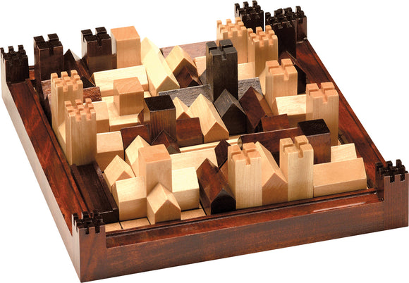 A beautifully crafted wooden board game called Cathedral by Family Games Inc. The game features intricate geometric shapes representing buildings and castles in a rich array of natural wood tones, designed for strategic play.