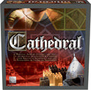 The game box for 'Cathedral' by Family Games Inc. features a medieval-themed design that highlights strategic gameplay. The cover includes images of a knight's helm and architectural elements, indicating a focus on building and strategy. The title 'Cathedral' is prominently displayed in stylized silver lettering against a colorful background filled with intricate patterns.
