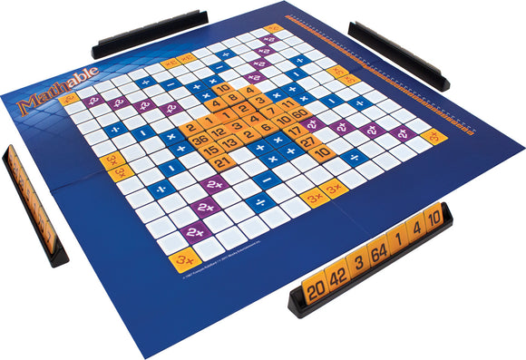 The Mathable Classic game from Family Games Inc featuring a large game board filled with a grid of squares, various mathematical operation tiles, and scoring devices. The colorful and engaging layout promotes strategic thinking and math skills, inviting players to challenge themselves and compete for high scores.