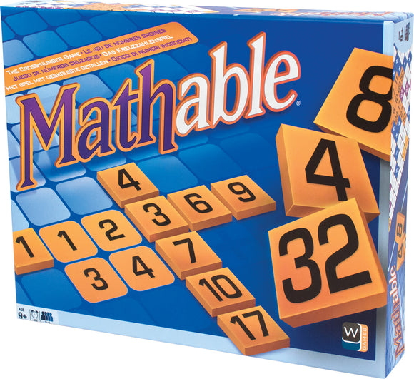 Mathable Classic game box by Family Games Inc. The vibrant blue box features the title 'Mathable' in bold letters, along with colorful number tiles displayed on the front. Suitable for ages 9 and up, this strategic number game combines elements of math and fun for family play.