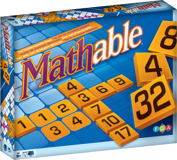 Mathable Classic board game by Family Games Inc. features a colorful game box with bold numbers and a blue background, designed to challenge math skills through a fun, interactive gameplay experience. The game includes various number tiles and an engaging layout, appealing to players aged 9 and up.