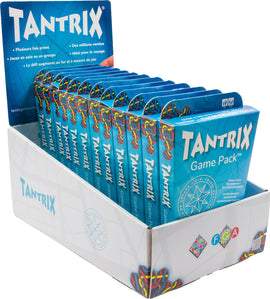 A display box of Tantrix Discovery Mini Pocket games by Family Games Inc. The box contains multiple game packs, with vibrant blue packaging featuring abstract designs and the word 'TANTRIX' prominently displayed. Ideal for family entertainment and travel, suitable for solo or group play.