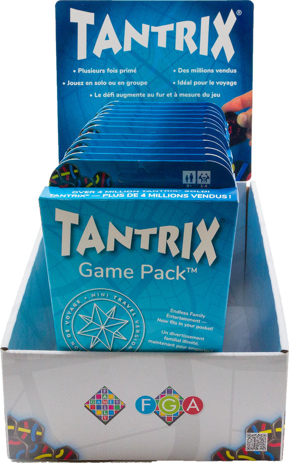 Tantrix Discovery Mini Pocket game pack displayed in a colorful box, featuring blue and vibrant design highlighting its award-winning gameplay. The product showcases easy-to-read instructions for solo or group play, indicating ages 8 and up. Ideal for travel, each game pack is compact and portable for endless family entertainment.