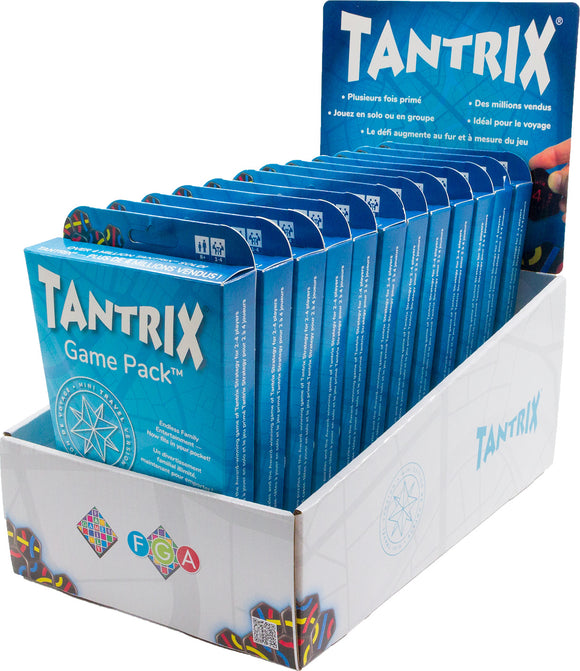 A display box of Tantrix Discovery Mini Pocket games by Family Games Inc. The box features multiple blue game packs stacked neatly, showcasing the vibrant graphics and logo. Ideal for solo or group play, these travel-friendly games are perfect for family entertainment and mental challenges.