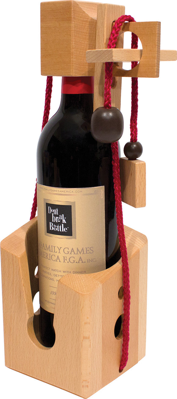 A wooden mechanical puzzle game titled 'Don't Break the Bottle' by Family Games Inc. The puzzle features a bottle held within a crafted wooden frame, with ropes and wooden pieces creating a challenge to extract the bottle without breaking it. The design emphasizes craftsmanship and intricacy, making it an engaging and fun activity for adults and kids alike.