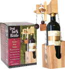 A wooden mechanical puzzle set titled 'Don't Break the Bottle Original' by Family Games Inc. The puzzle features a wine bottle encased in a wooden frame with intricate components and strings designed to challenge users to safely retrieve the bottle without breaking it. The packaging includes colorful graphics and instructions, emphasizing its fun and engaging nature, suitable for gatherings.