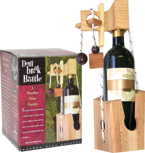 A wooden mechanical puzzle set titled 'Don't Break the Bottle Original' by Family Games Inc. The puzzle features a wine bottle encased in a wooden frame with intricate components and strings designed to challenge users to safely retrieve the bottle without breaking it. The packaging includes colorful graphics and instructions, emphasizing its fun and engaging nature, suitable for gatherings.