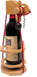 Don't Break the Bottle Corkscrew by Family Games Inc. This intricate mechanical puzzle features wooden components and a red rope, designed to challenge users to extract a cork from a bottle without breaking it. Ideal for game enthusiasts and a unique gift for gatherings.