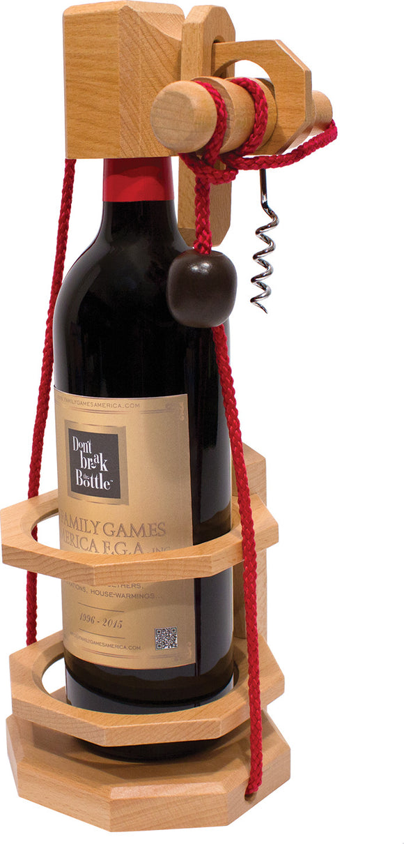 Don't Break the Bottle Corkscrew by Family Games Inc. This intricate mechanical puzzle features wooden components and a red rope, designed to challenge users to extract a cork from a bottle without breaking it. Ideal for game enthusiasts and a unique gift for gatherings.