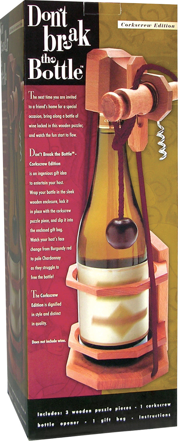 The 'Don't Break the Bottle' Corkscrew Edition is a mechanical puzzle game featuring a sleek wooden enclosure that holds a wine bottle. It includes a corkscrew puzzle piece and a gift bag, designed to entertain guests as they attempt to free the bottle without breaking it. The packaging showcases an elegant design with detailed instructions, and does not include wine.