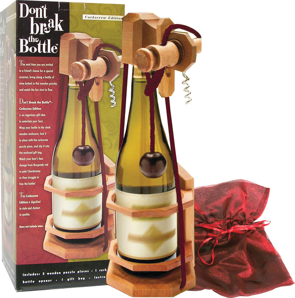 Don't Break the Bottle Corkscrew by Family Games Inc. is a unique mechanical puzzle designed to secure a wine bottle inside a wooden structure. It features a corkscrew mechanism, elegantly crafted wooden pieces, and a decorative red bag for gift presentation. Ideal for entertaining guests and a fun challenge for wine lovers.