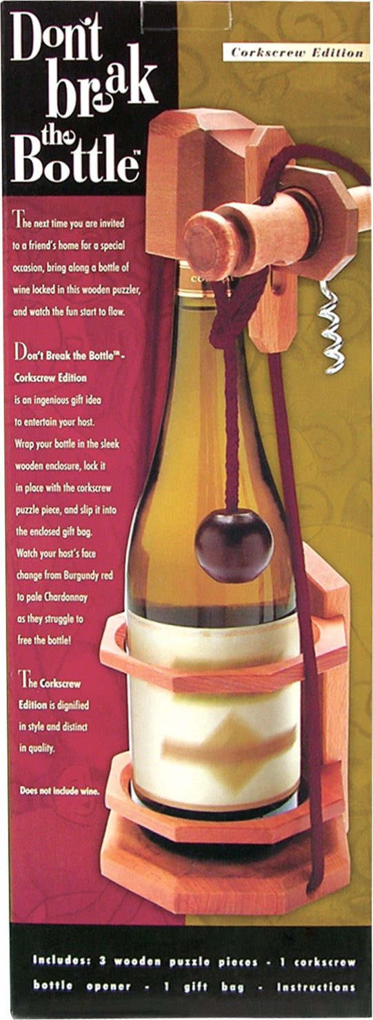 Don't Break the Bottle Corkscrew Edition by Family Games Inc. is a clever mechanical puzzle designed to entertain. It consists of a wooden enclosure that holds a bottle, incorporating a challenging corkscrew puzzle piece. Perfect for gifting, it includes three wooden puzzle pieces, a corkscrew, a bottle opener, a gift bag, and instructions, presenting a fun way to engage guests during special occasions.