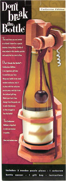 Don't Break the Bottle Corkscrew Edition by Family Games Inc. is a clever mechanical puzzle designed to entertain. It consists of a wooden enclosure that holds a bottle, incorporating a challenging corkscrew puzzle piece. Perfect for gifting, it includes three wooden puzzle pieces, a corkscrew, a bottle opener, a gift bag, and instructions, presenting a fun way to engage guests during special occasions.