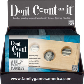 Don't Count on It by Family Games Inc. is a clever mechanical puzzle designed to hold cash securely while entertaining the recipient. The wooden contraption features three circular slots for inserting bills, turning the act of gifting money into a fun challenge. Ideal for birthdays and special occasions, it combines creativity and surprise in a beautifully crafted design.