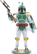 A detailed DIY model kit of Boba Fett from Star Wars, featuring the iconic green armor and helmet. The model holds a blaster and stands on a decorative base.