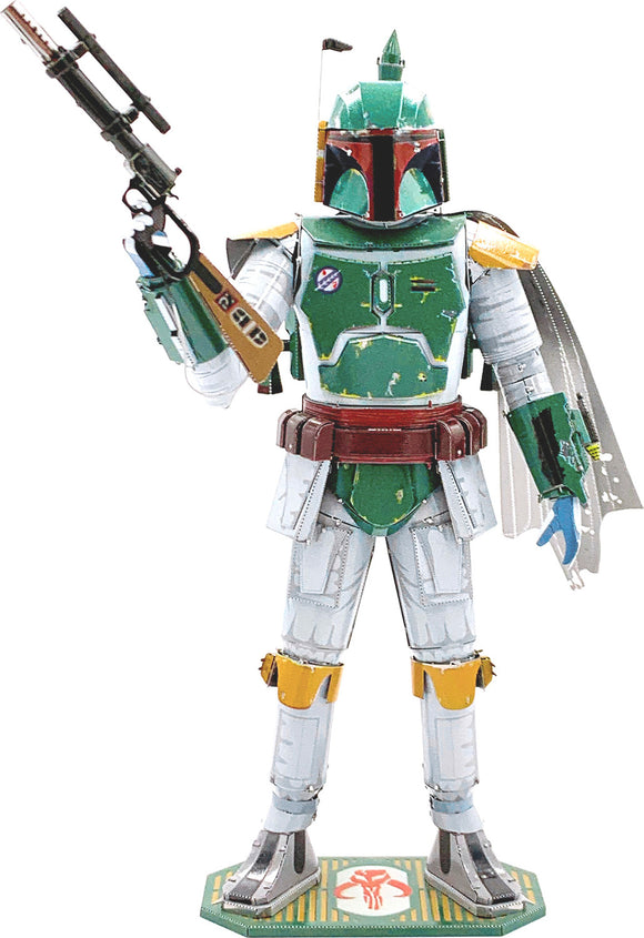 A detailed DIY model kit of Boba Fett from Star Wars, featuring the iconic green armor and helmet. The model holds a blaster and stands on a decorative base.