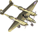 A detailed model kit of the P-38 Lightning aircraft by Fascinations. The model features a green and silver color scheme with red and blue markings. The wings are outstretched, showcasing its twin-engine design, intricate detailing, and scale features, ideal for aviation enthusiasts and DIY hobbyists.