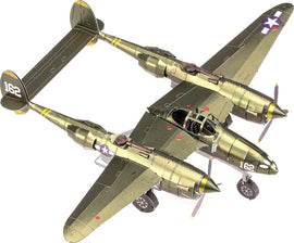 A detailed model kit of the P-38 Lightning aircraft by Fascinations. The model features a green and silver color scheme with red and blue markings. The wings are outstretched, showcasing its twin-engine design, intricate detailing, and scale features, ideal for aviation enthusiasts and DIY hobbyists.