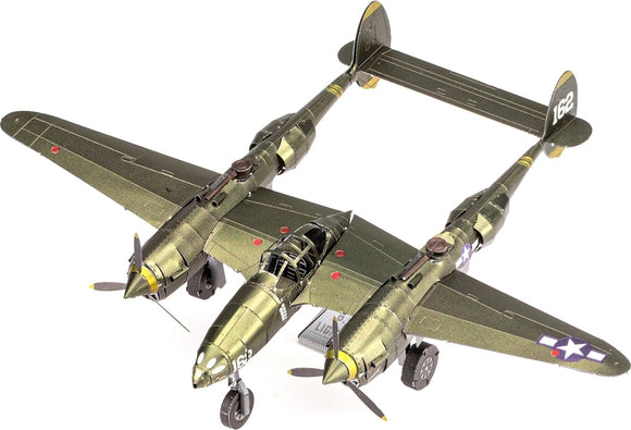 Detailed model kit of the ICONX P-38 Lightning airplane by Fascinations. The kit features intricate metal construction with a realistic design showcasing its iconic twin-boom structure and military markings.
