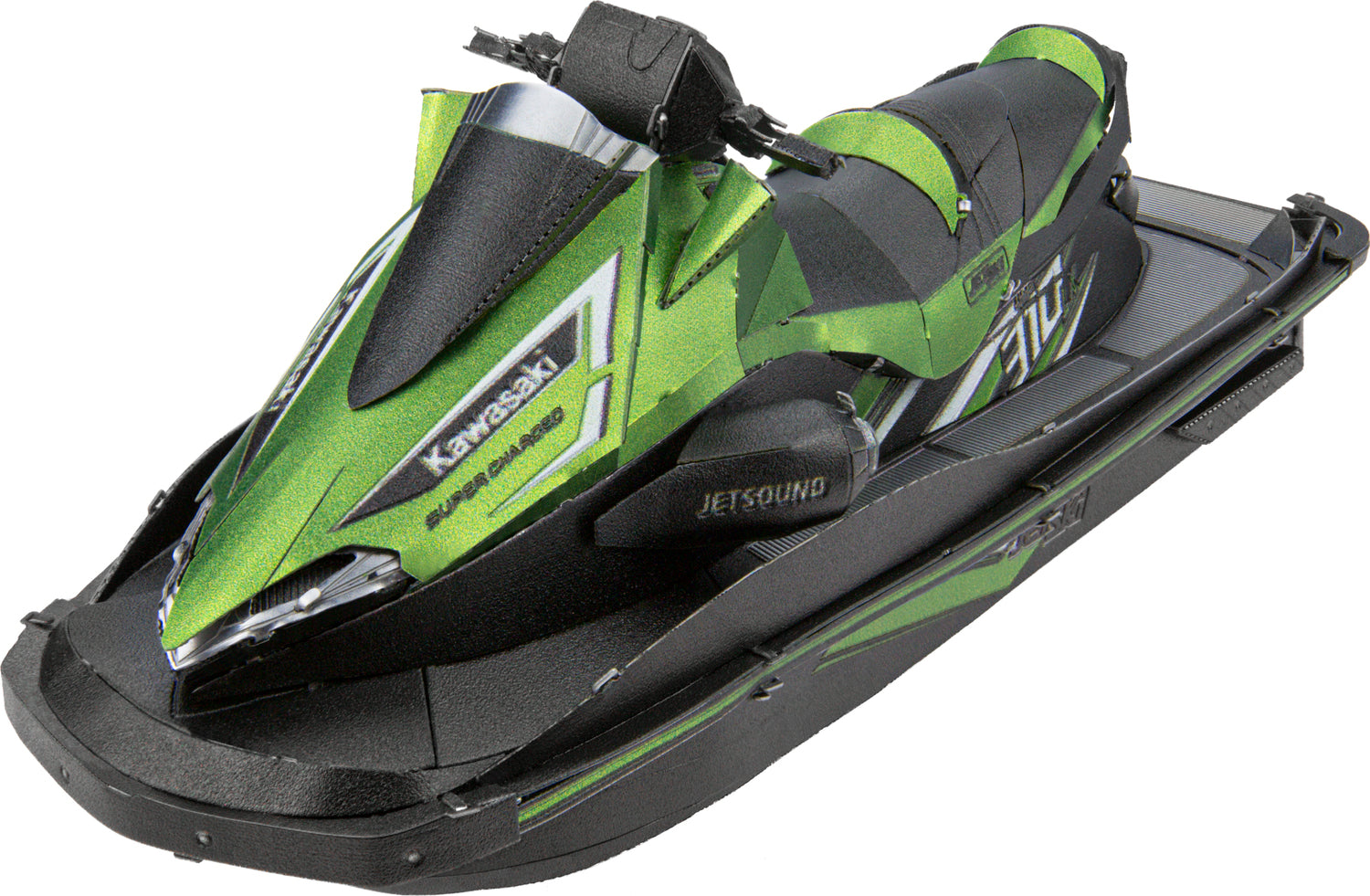 The ICONX Kawasaki Jet Ski by Fascinations is a detailed DIY kit showcasing a vibrant green and black design. This model features intricate parts, mimicking the sleek structure and features of a real jet ski, perfect for model enthusiasts and collectors.