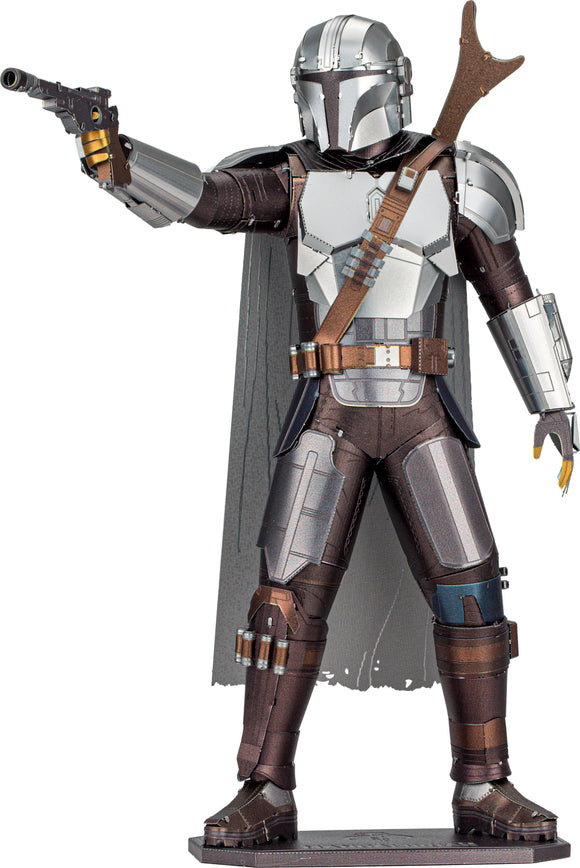 The ICONX: The Mandalorian DIY kit by Metal Earth features a detailed metal model of the iconic character, complete with his signature helmet, armor, and cape. The model showcases intricate design elements including weapons and accessories, perfect for collectors and fans of the Star Wars franchise.
