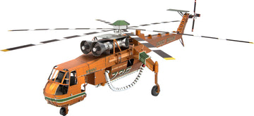 The ICONX: S-64 Skycrane model by Fascinations is a detailed DIY kit featuring a realistic design of a helicopter with multiple rotors, a distinct orange and green color scheme, and intricate parts that come together to create a stunning replica. Perfect for enthusiasts and hobbyists alike.