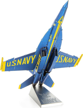 A detailed model of the ICONX Blue Angels F/A Super H Jet, showcasing its striking blue and yellow design, with 'U.S. NAVY' lettering on the wings. The model is mounted on a sleek stand featuring the U.S. Navy emblem, highlighting its authentic look and craftsmanship. This DIY kit allows enthusiasts to build a replica of the famous Blue Angels jet.