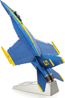 Detailed model kit of the Blue Angels F/A Super Hornet aircraft, featuring vibrant blue and yellow colors. The model is displayed in a dynamic ascending position, showcasing intricate details and a stand for stability.
