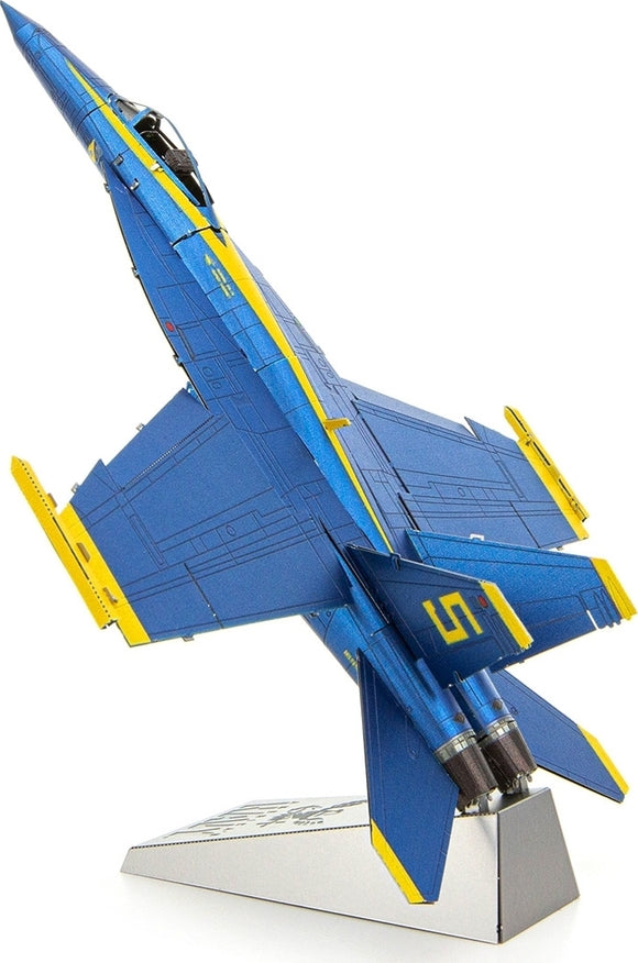 Detailed model kit of the Blue Angels F/A Super Hornet aircraft, featuring vibrant blue and yellow colors. The model is displayed in a dynamic ascending position, showcasing intricate details and a stand for stability.