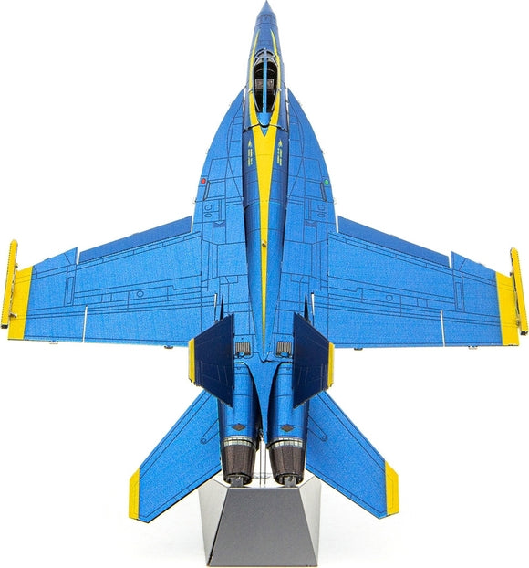 A top-down view of the ICONX Blue Angels F/A Super H model by Fascinations, showcasing its vibrant blue and yellow design. The detailed aircraft model sits on a sleek stand, highlighting the meticulously crafted fuselage and wing configurations.