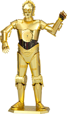 The ICONX: C-3P0 DIY kit features a detailed metal model of the iconic Star Wars character C-3P0. The model is predominantly gold with intricate details, showcasing articulated joints and a base for display. Ideal for fans and collectors, it offers a rewarding assembly experience.
