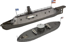 ICONX Monitor & Merrimack DIY kit by Fascinations featuring intricately designed metal model ships. The set includes two detailed vessels, complete with flags, representing historical naval technology. Ideal for hobbyists and model enthusiasts looking to engage in a rewarding construction project.