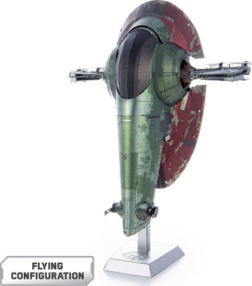 A detailed model of Boba Fett's Starfig from Star Wars, showcased in flying configuration. The model features a green and red exterior with intricate details, mounted on a silver base for display. Ideal for fans of DIY kits and the Star Wars universe.