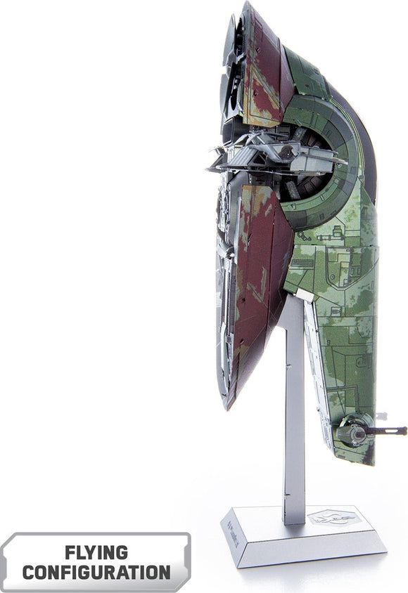 A detailed model of Boba Fett's Starfig from Star Wars, displayed in flying configuration. The model features intricate paintwork in olive green and deep red, showcasing various panels and detailing typical of spacecraft. It is mounted on a sleek display stand labeled with the model name.